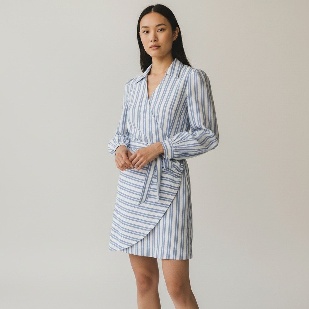 Marjorelle‎ Med Women's Stripe Wrap Shirt Dress Long Sleeve Belted Knee Length